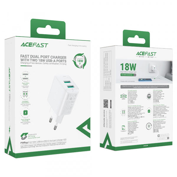 Acefast Wall Charger A33, 18W, 3A, 2 x USB-A, Black