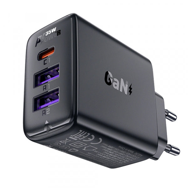 Acefast Wall Charger A57, 35W, 3A, 2 x USB-A - 1 x USB-C, Black