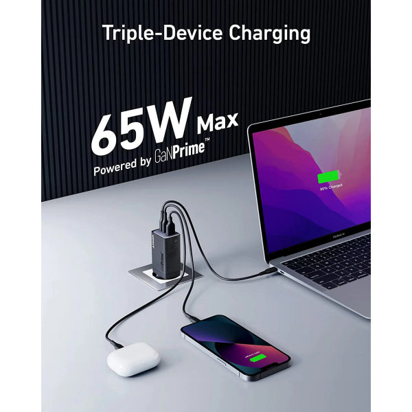Anker Wall Charger 735 GaNPrime III, 65W, 3A, 1 x USB-A - 2 x USB-C, Black A2668311