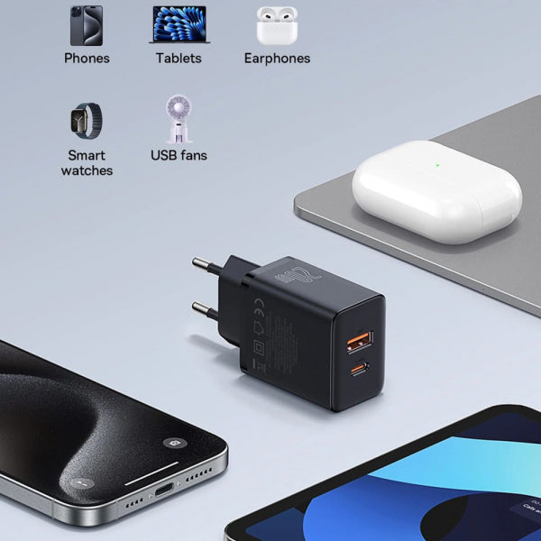 Baseus Wall Charger Cube, 20W, 3A, 1 x USB-A - 1 x USB-C, Black P10111403113-00