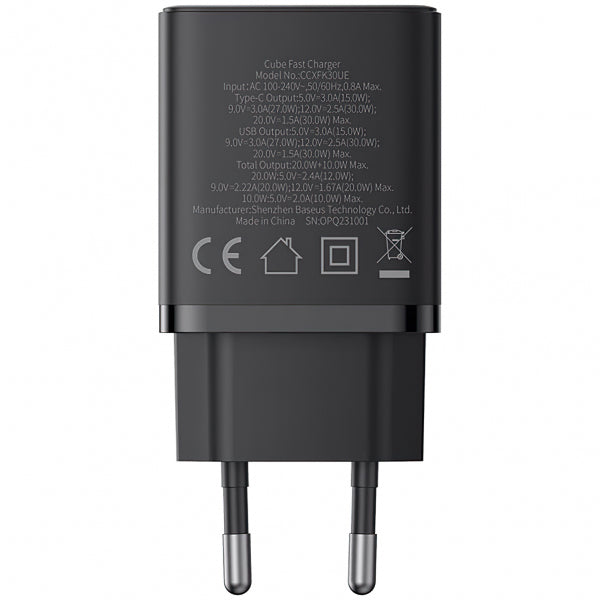 Baseus Wall Charger Cube, 30W, 2.4A, 1 x USB-A - 1 x USB-C, Black P10111404113-00