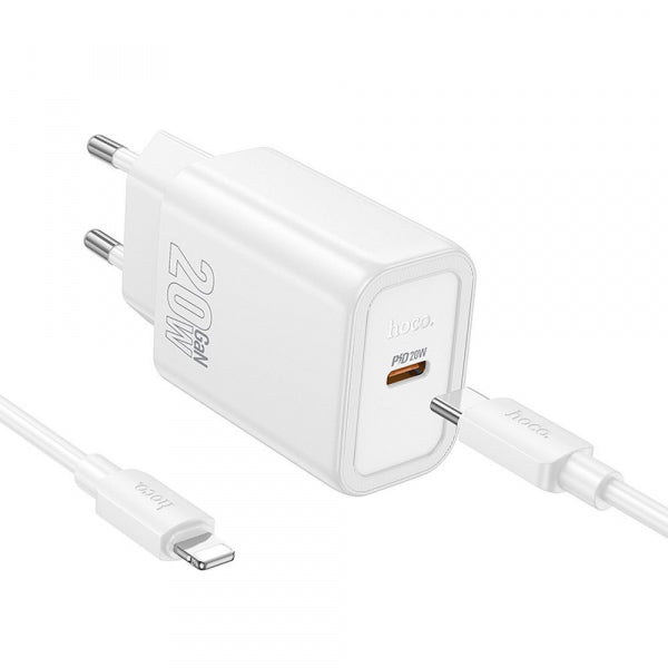 Hoco Wall Charger N60, 20W, 3A, 1 x USB-C, with Lightning Cable, White