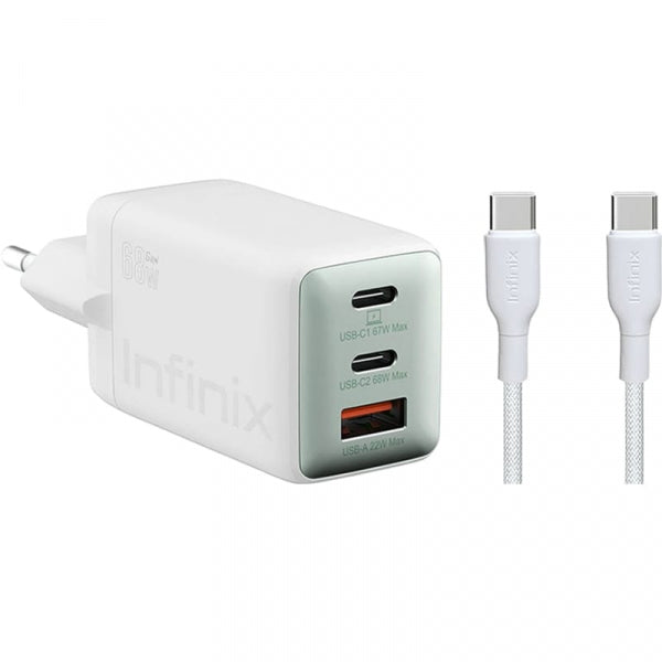 Infinix Wall Charger XC07868EU + XDC95, 68W, 6.2A, 1 x USB-A - 2 x USB-C, with USB-C Cable, White