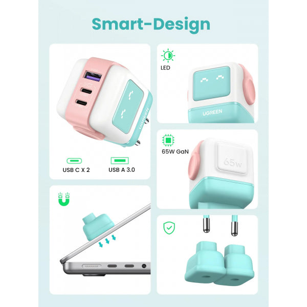 Ugreen Wall Charger CD361 Uno, 65W, 3.25A, 1 x USB-A - 2 x USB-C, Cyan