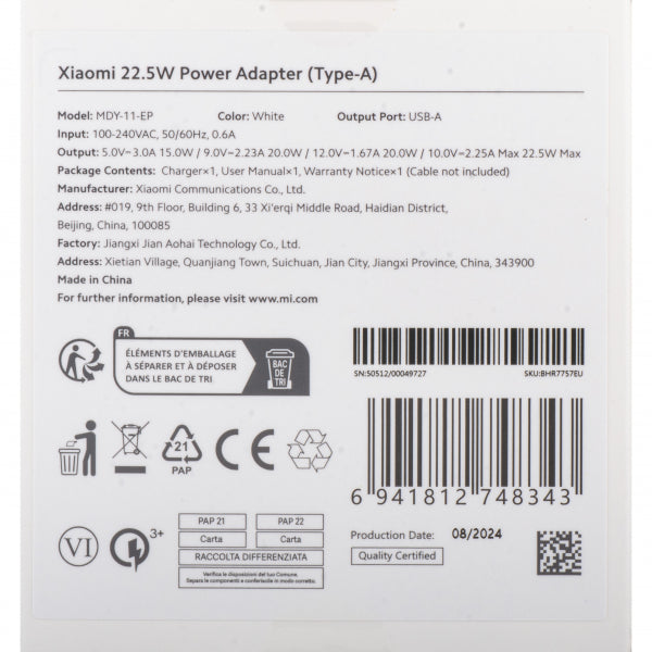 Xiaomi Wall Charger 22.5W, 3A, 1 x USB-A, White BHR7757EU