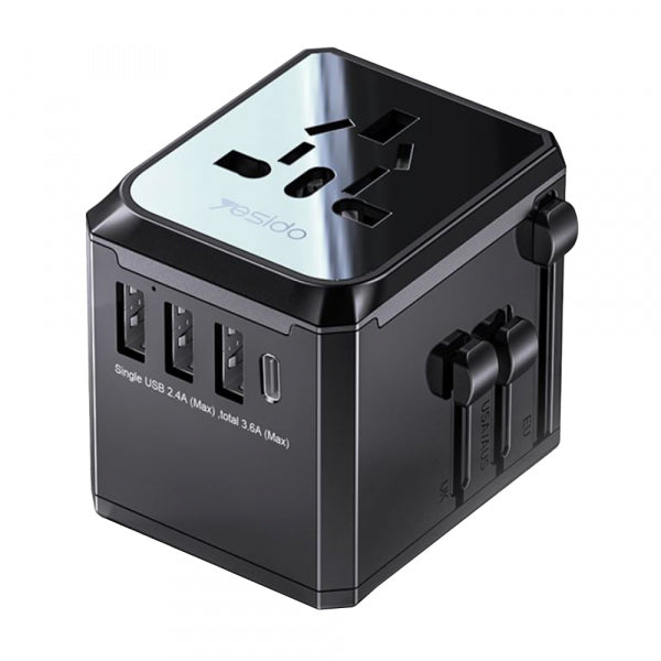 Yesido Wall Charger MC10 Travel, 12W, 2.4A, 1 x USB-C - 3 x USB-A, Black