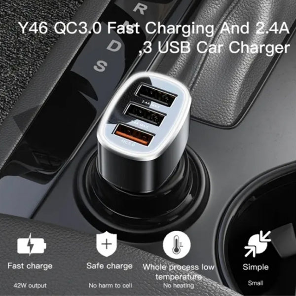Yesido Car Charger Y46, 42W, 3A, 3 x USB-A, Black