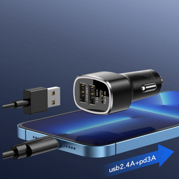 Yesido Car Charger Y47, 49W, 3A, 2 x USB-A - 1 x USB-C, Black