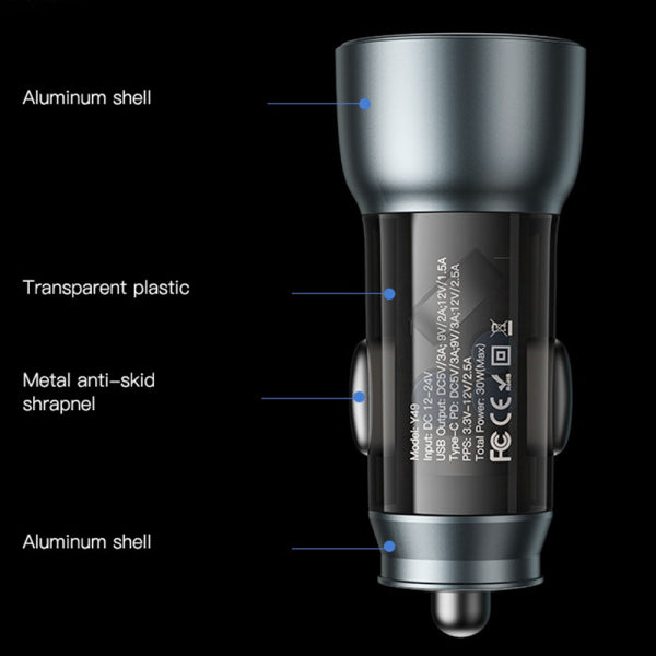 Yesido Car Charger Y49, 30W, 3A, 1 x USB-A - 1 x USB-C, Grey