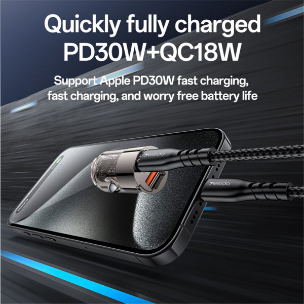 Yesido Car Charger Y68, 30W, 3A, 1 x USB-A - 1 x USB-C, Black