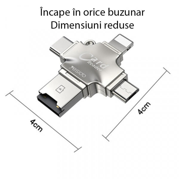 Yesido USB / USB-C / Lightning / microUSB Card Reader GS13, microSD, Silver