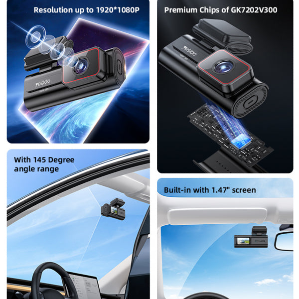 Yesido Dash Camera KM21, 1080P, Wi-Fi, 1.47inch LCD, Black
