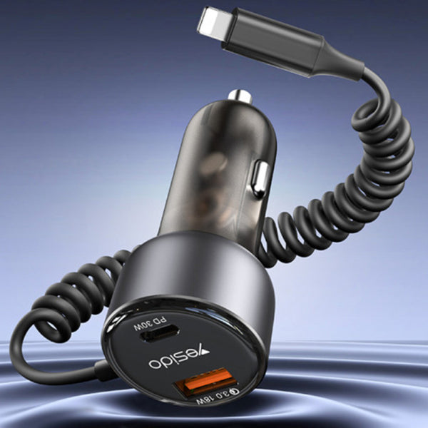 Yesido Car Charger Y57, 50W, 3A, 1 x USB-A - 1 x USB-C, with Lightning Cable, Black