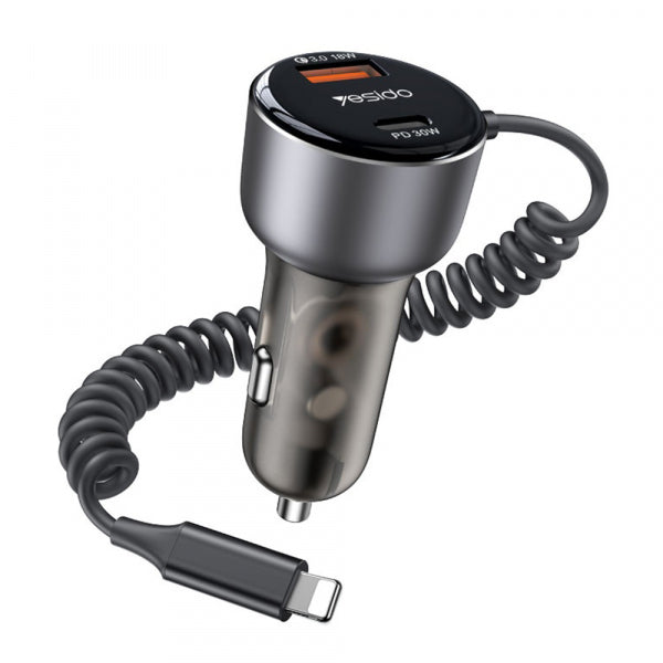 Yesido Car Charger Y57, 50W, 3A, 1 x USB-A - 1 x USB-C, with Lightning Cable, Black