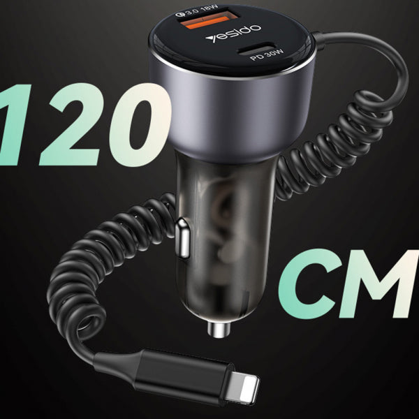 Yesido Car Charger Y57, 50W, 3A, 1 x USB-A - 1 x USB-C, with Lightning Cable, Black