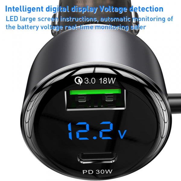 Yesido Car Charger Y58 Display, 60W, 3A, 1 x USB-A - 1 x USB-C, with USB-C / Lightning Cable, Grey