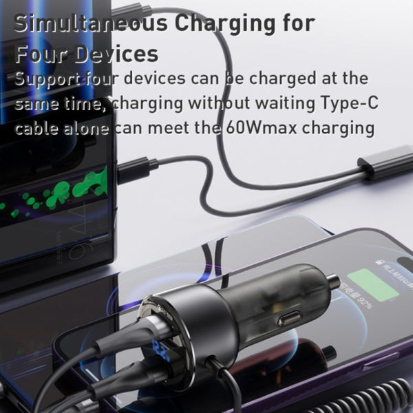 Yesido Car Charger Y58 Display, 60W, 3A, 1 x USB-A - 1 x USB-C, with USB-C / Lightning Cable, Grey