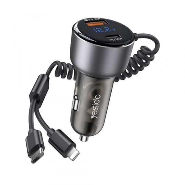 Yesido Car Charger Y58 Display, 60W, 3A, 1 x USB-A - 1 x USB-C, with USB-C / Lightning Cable, Grey