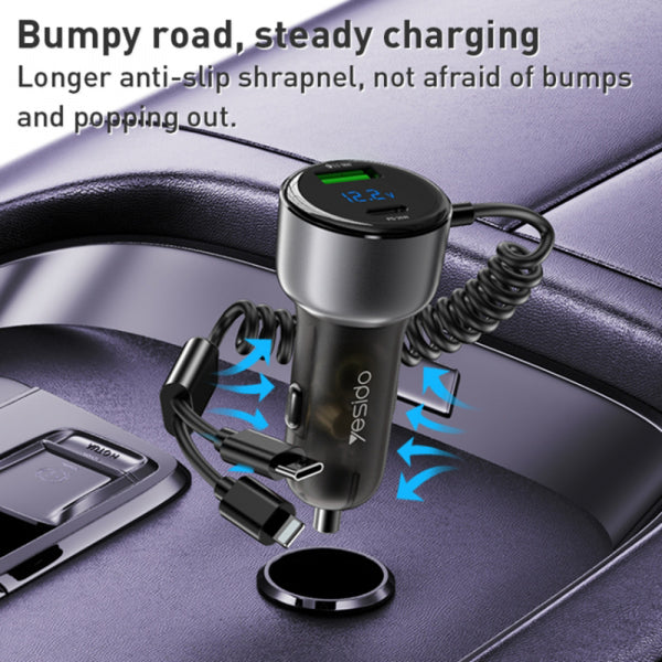 Yesido Car Charger Y58 Display, 60W, 3A, 1 x USB-A - 1 x USB-C, with USB-C / Lightning Cable, Grey