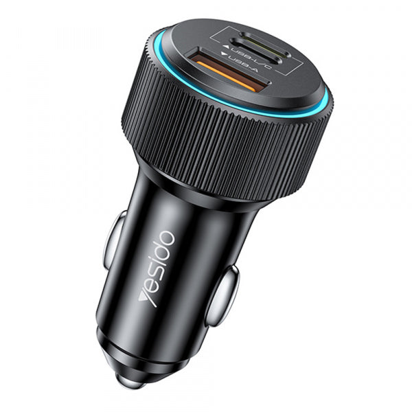 Yesido Car Charger Y60, 38W, 3A, 1 x USB-A - 2 x USB-C, with Lightning Cable, Black