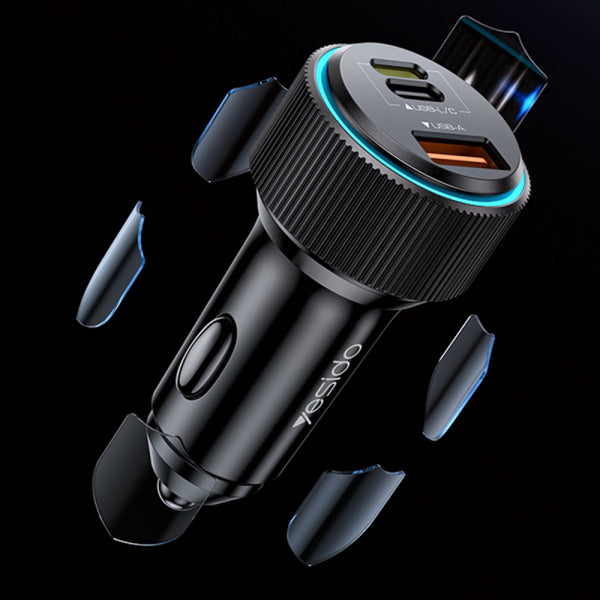 Yesido Car Charger Y60, 38W, 3A, 1 x USB-A - 2 x USB-C, with Lightning Cable, Black