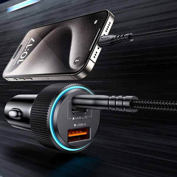 Yesido Car Charger Y60, 38W, 3A, 1 x USB-A - 2 x USB-C, with Lightning Cable, Black