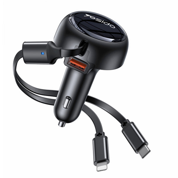 Yesido Car Charger Y61, 53W, 3A, 1 x USB-A, with USB-C / Lightning Cable, Black