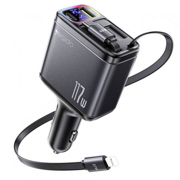Yesido Car Charger Y63 Display, 117W, 3A, 1 x USB-A - 1 x USB-C, with USB-C / Lightning Cable, Grey