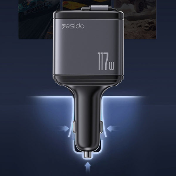 Yesido Car Charger Y63 Display, 117W, 3A, 1 x USB-A - 1 x USB-C, with USB-C / Lightning Cable, Grey