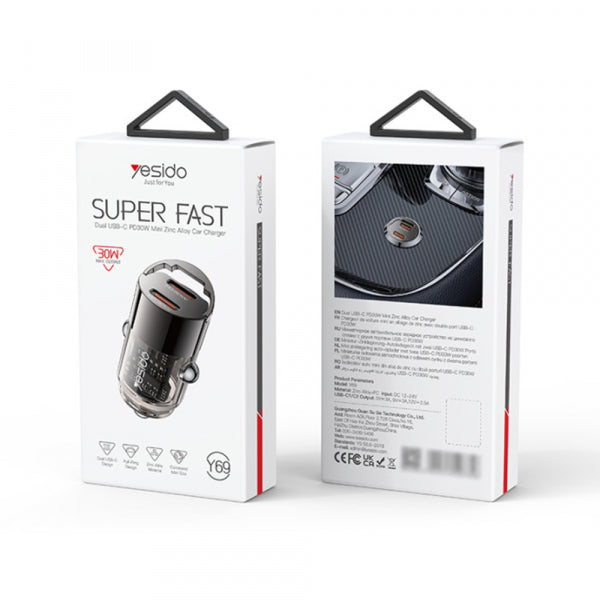 Yesido Car Charger Y69, 30W, 3A, 2 x USB-C, Black