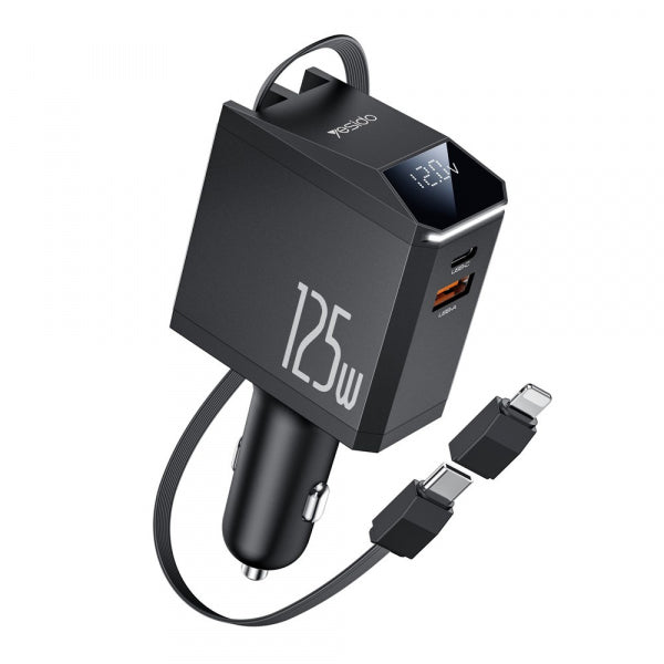 Yesido Car Charger Y71 Display, 125W, 3A, 1 x USB-A - 1 x USB-C, with USB-C / Lightning Cable, Black