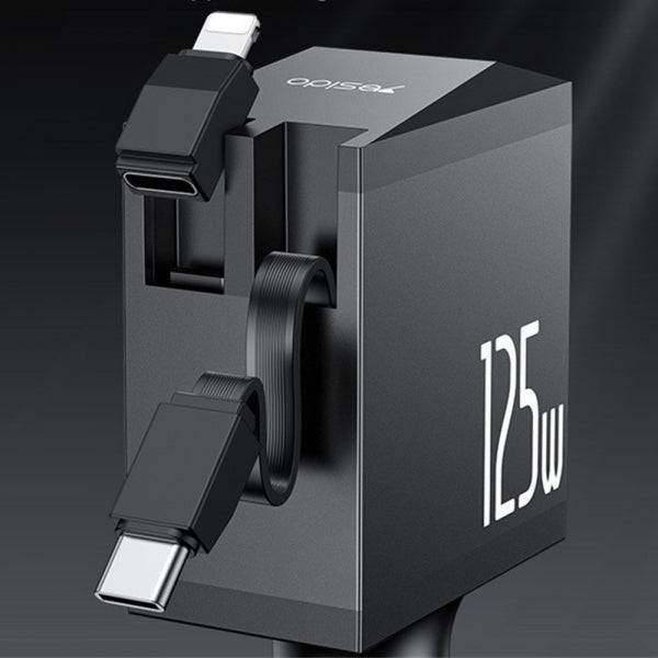 Yesido Car Charger Y71 Display, 125W, 3A, 1 x USB-A - 1 x USB-C, with USB-C / Lightning Cable, Black