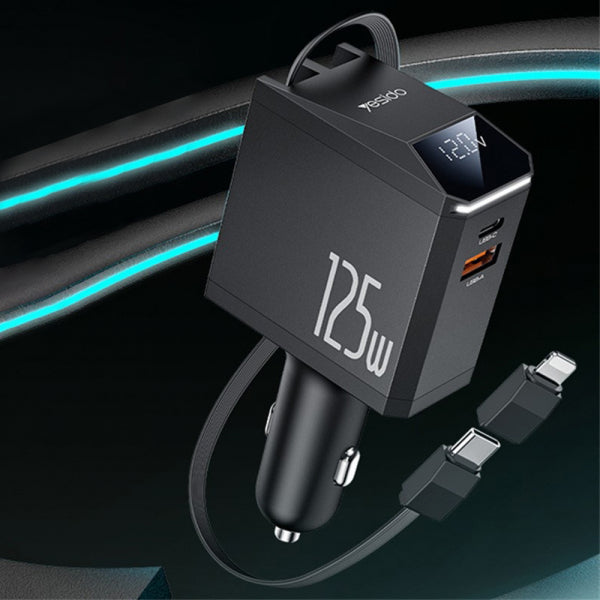 Yesido Car Charger Y71 Display, 125W, 3A, 1 x USB-A - 1 x USB-C, with USB-C / Lightning Cable, Black