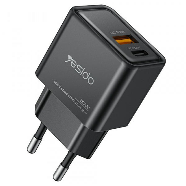 Yesido Wall Charger YC64, 30W, 3A, 1 x USB-A - 1 x USB-C, Black