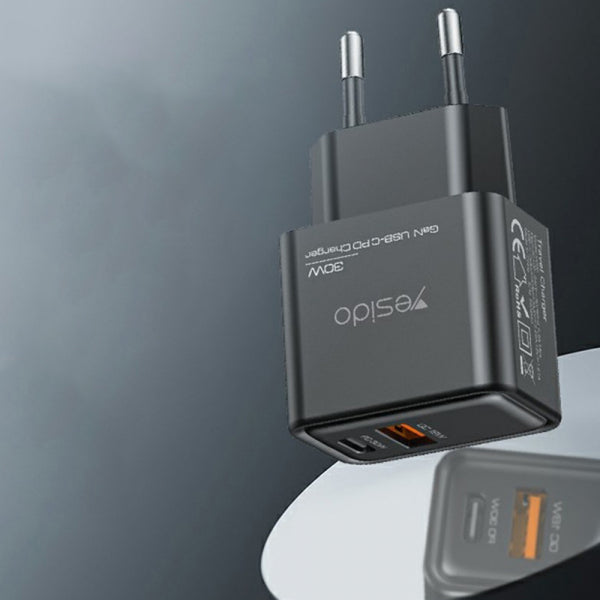 Yesido Wall Charger YC64, 30W, 3A, 1 x USB-A - 1 x USB-C, Black