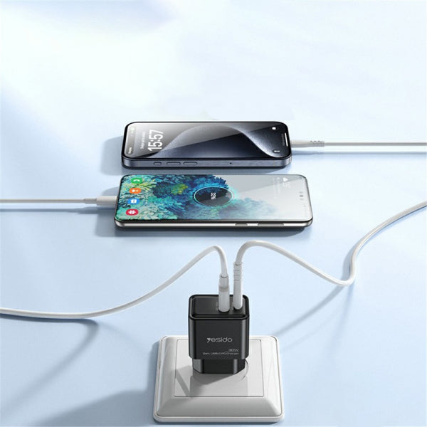 Yesido Wall Charger YC64, 30W, 3A, 1 x USB-A - 1 x USB-C, Black