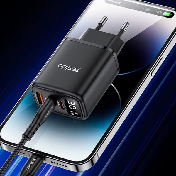 Yesido Wall Charger YC69 Display, 30W, 3A, 1 x USB-A - 2 x USB-C, Black