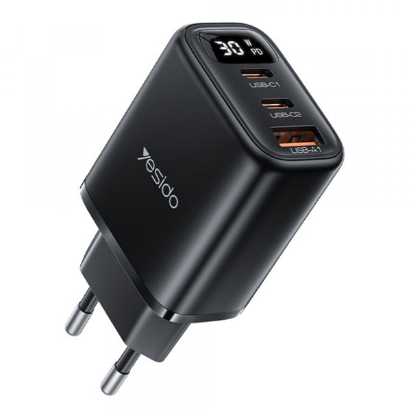 Yesido Wall Charger YC69 Display, 30W, 3A, 1 x USB-A - 2 x USB-C, Black