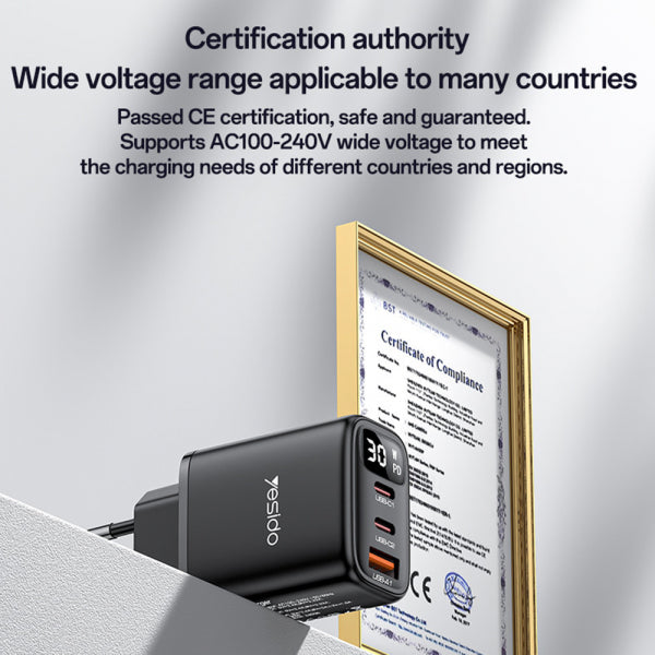 Yesido Wall Charger YC69 Display, 30W, 3A, 1 x USB-A - 2 x USB-C, Black