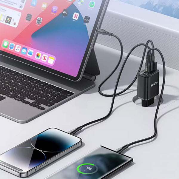 Yesido Wall Charger YC69 Display, 30W, 3A, 1 x USB-A - 2 x USB-C, Black