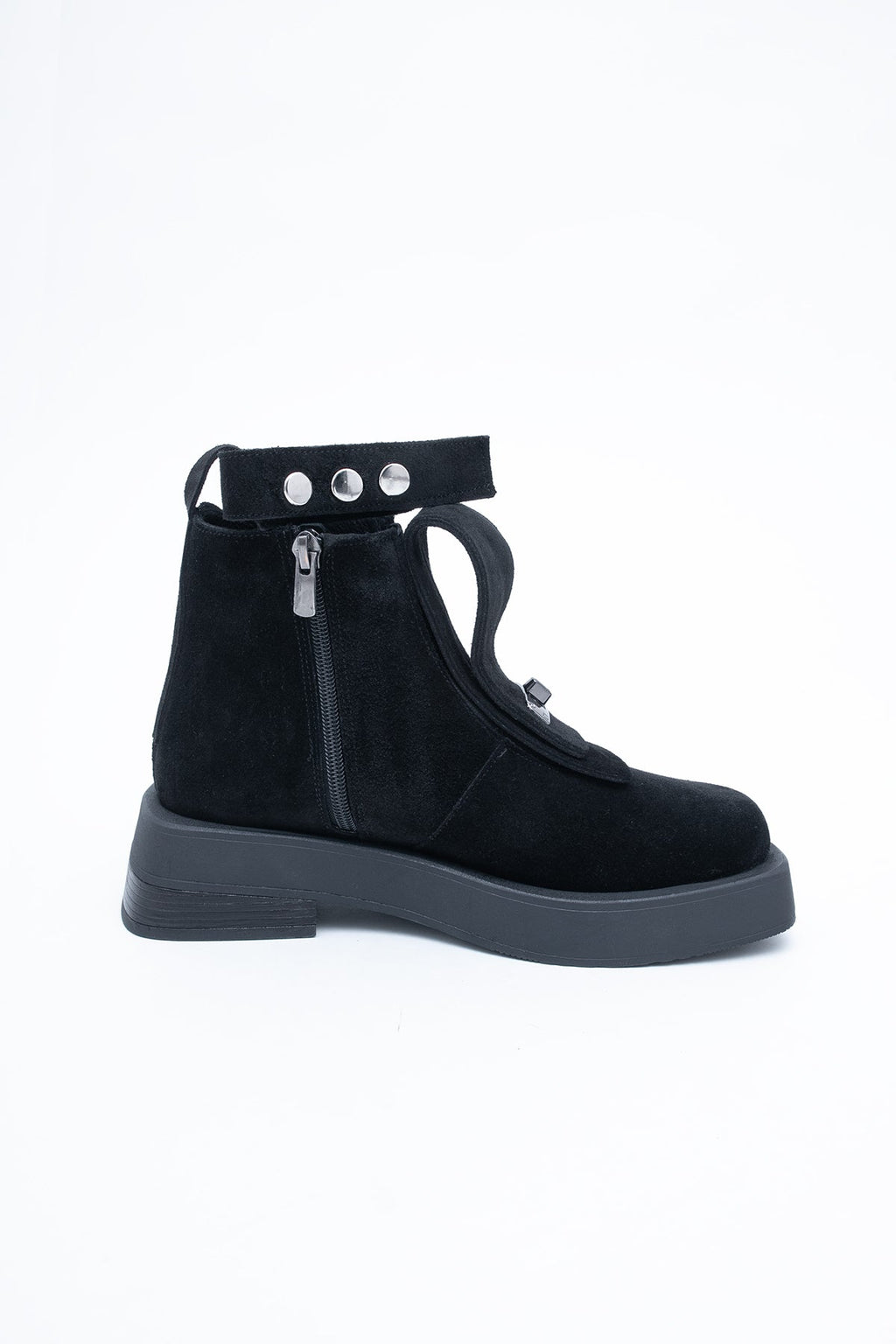 Bottines en daim noir avec lanière décorative 2 en 1